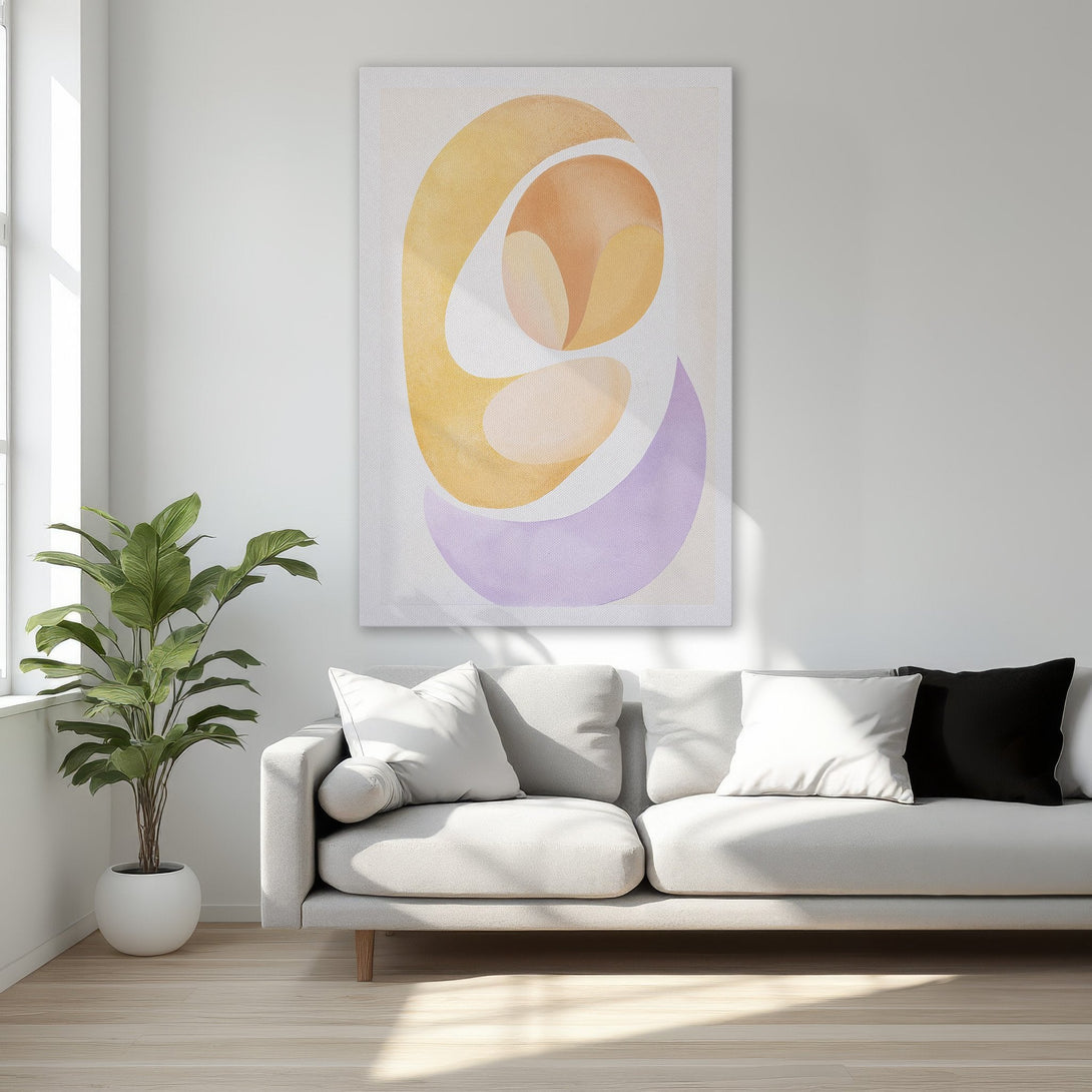 Framed Wall Art: Abstract watercolor canvas print in warm yellow, orange, and purple hues. Modern art for bedroom decor.