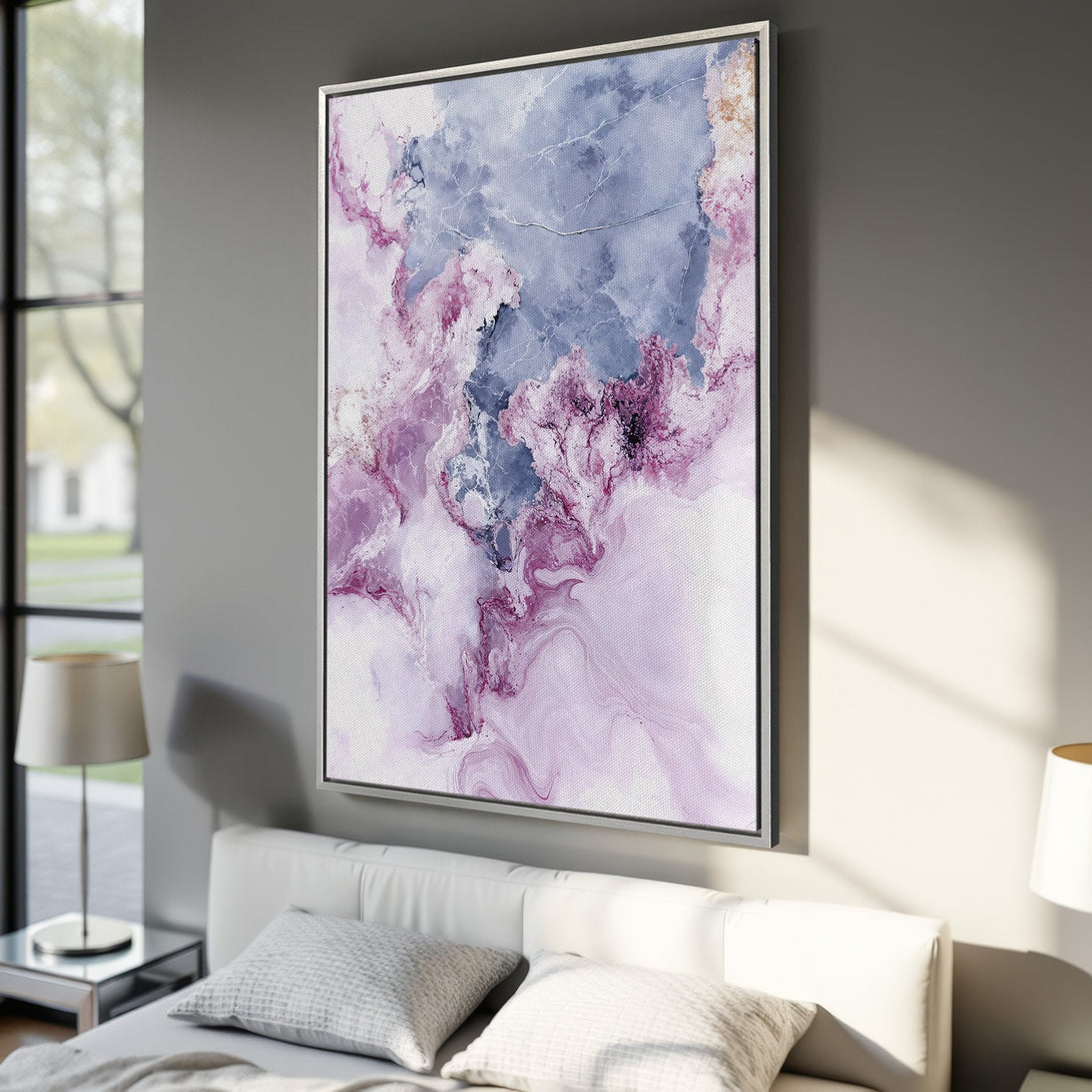 Framed Wall Art: Abstract Canvas Print in purple, blue, and white. Modern art for living room or bedroom decor. Shop now for unique wall art!