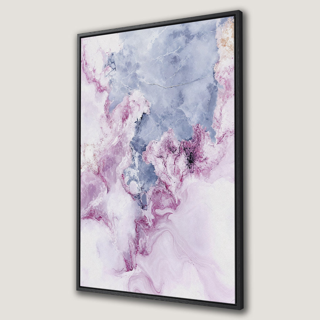 Framed Wall Art featuring an abstract marble design in shades of pink, purple, and blue. Modern canvas print perfect for adding a touch of elegance to any space.