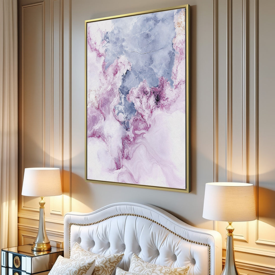 Canvas Print abstract art in a modern interior. Featuring a fluid, marble-like design in soft pink, blue, and white hues. Perfect wall decor!