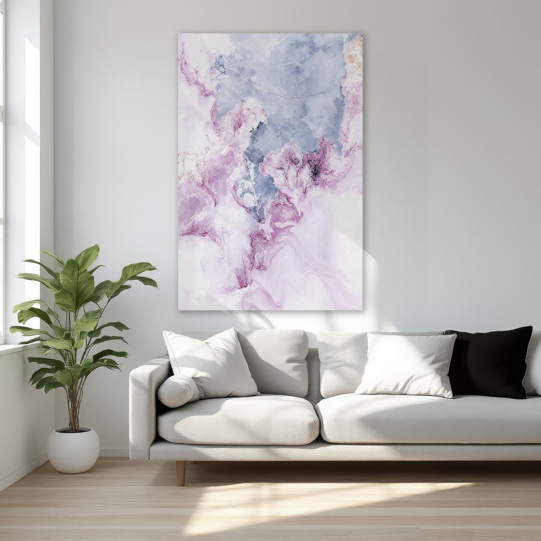 Framed Wall Art: Abstract canvas print with a dreamy, marbled design in a soft purple and blue color palette. Perfect for adding elegance to any space!
