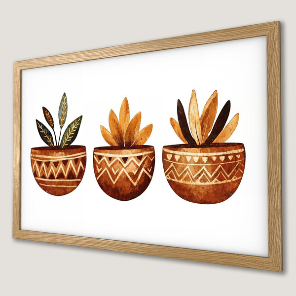 Framed Poster featuring watercolor plants in terracotta pots, warm earth tones, and a minimalist style. Perfect wall art!