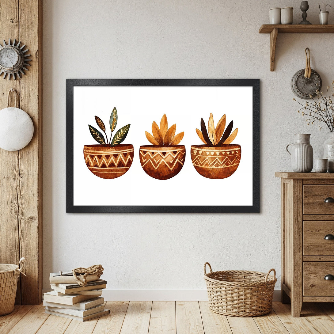 Framed Poster featuring watercolor potted plants. Boho style art with warm brown and earthy tones. Perfect wall decor.