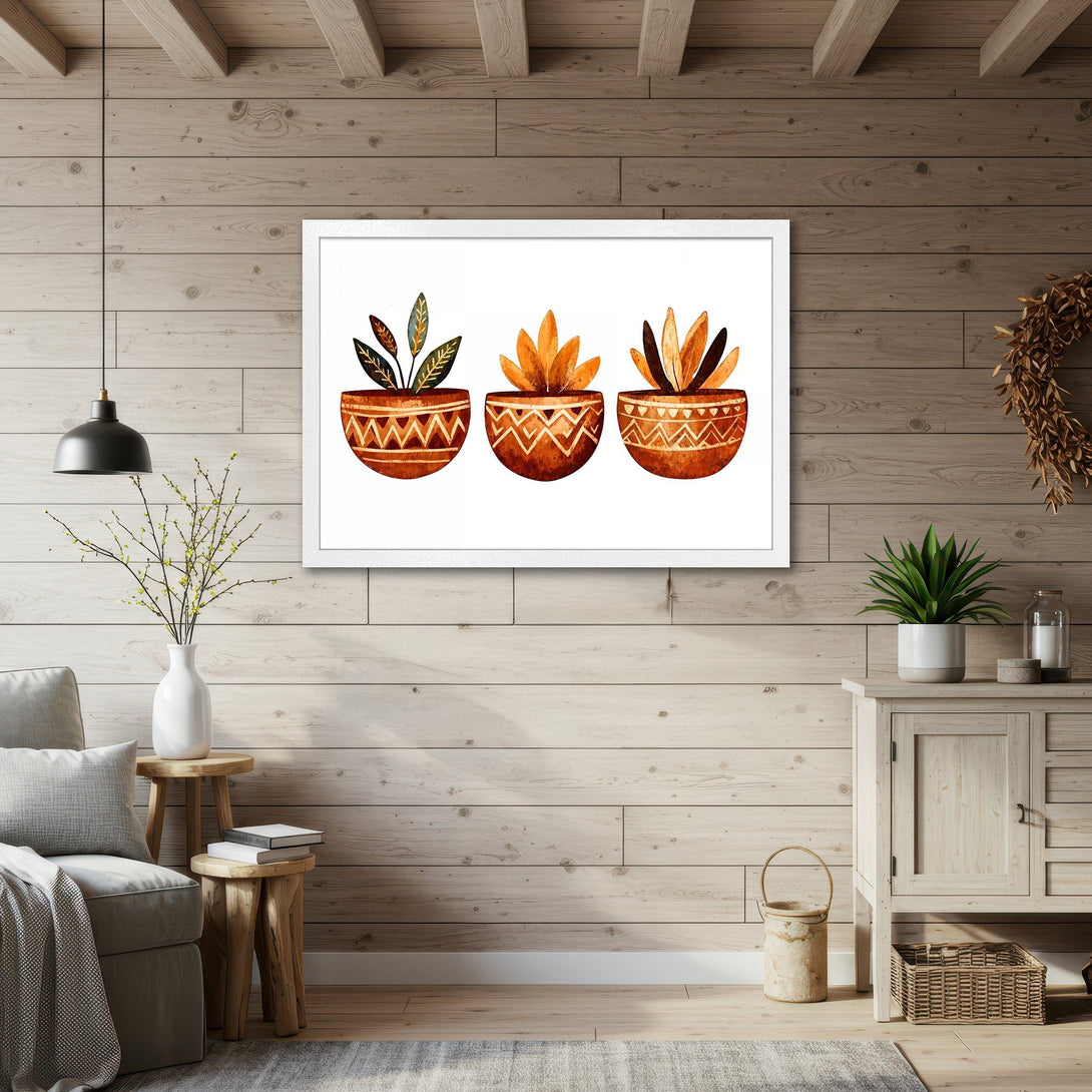 Framed Poster featuring watercolor succulents in terracotta pots. Warm, earthy tones create a cozy, bohemian vibe. Perfect wall art!