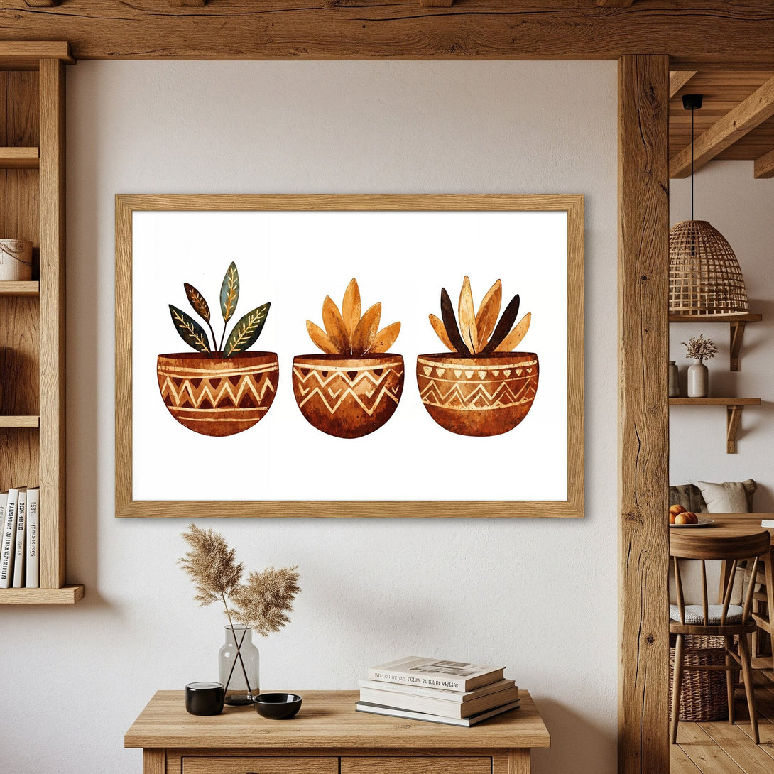 Framed Poster featuring watercolor plants in earthy tones. Perfect wall art for a cozy, bohemian home.