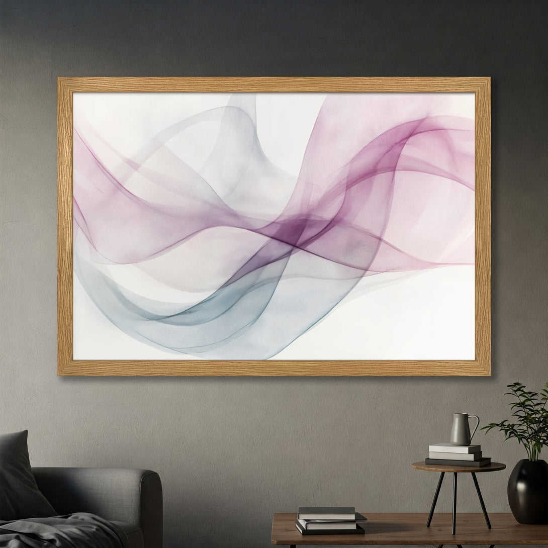 Framed Poster featuring abstract flowing design in purple and blue hues. Modern art print perfect for home decor.