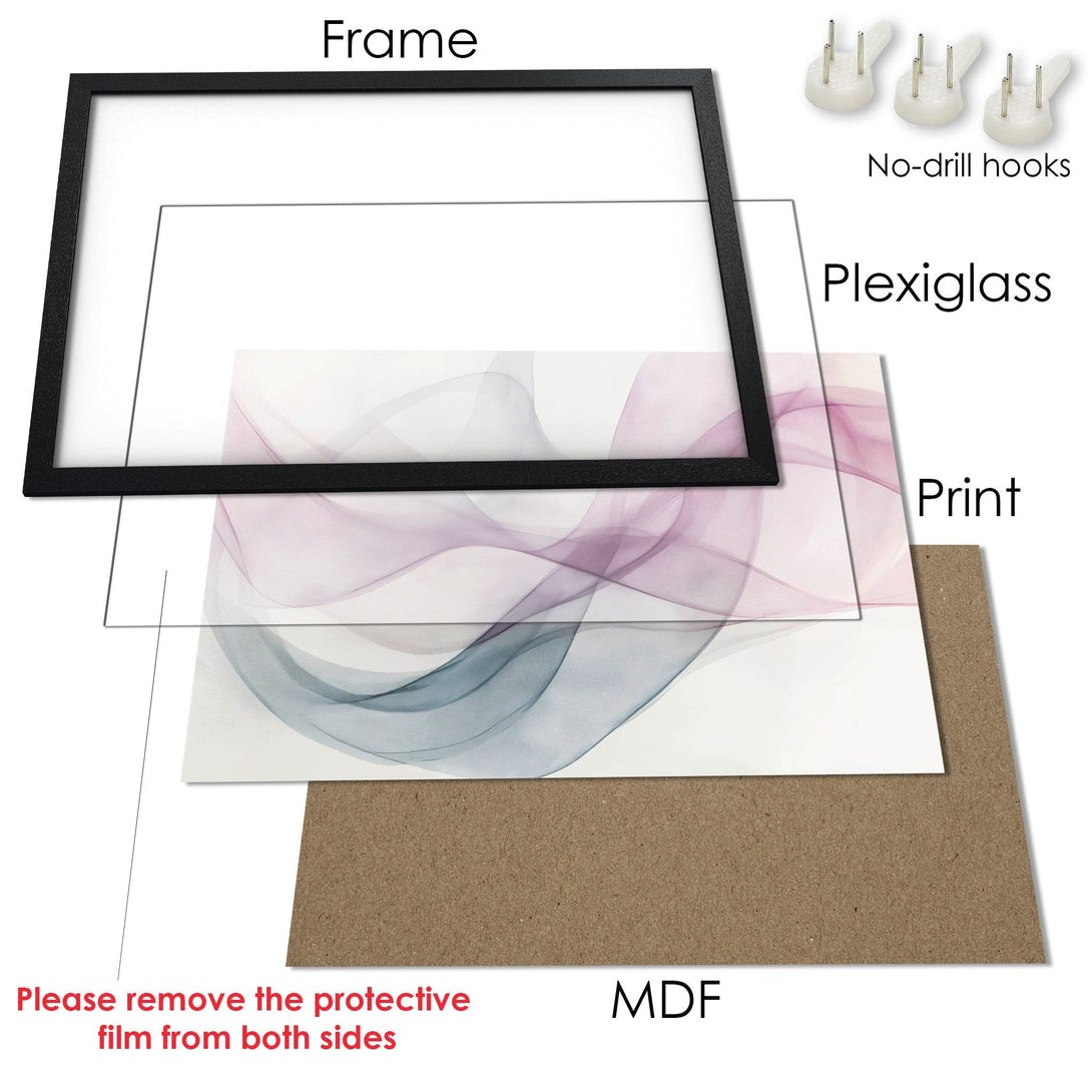Framed Poster with abstract art in pastel purple and blue hues. Modern wall decor for your home.