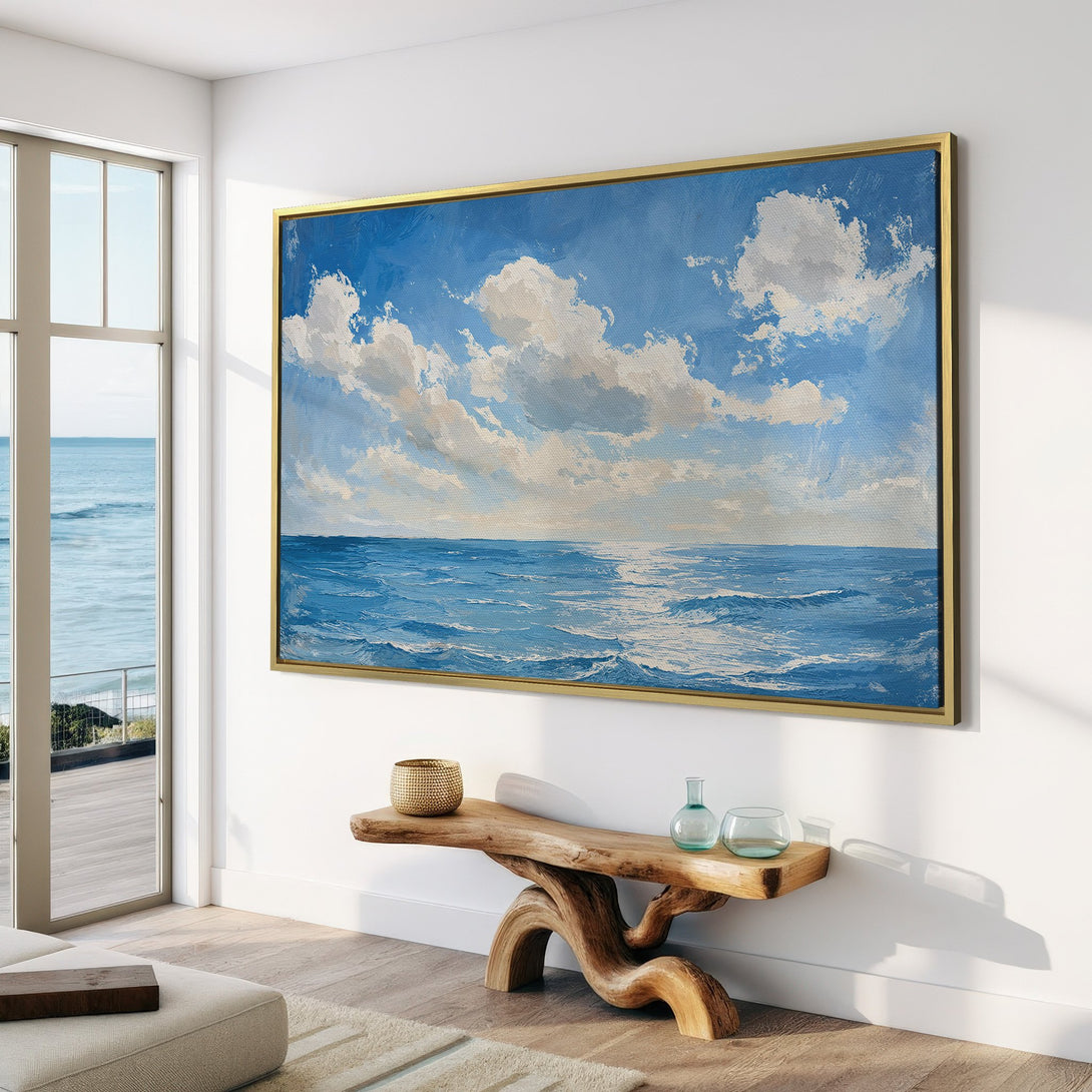 Canvas Print of a serene ocean scene in blue and white, perfect for coastal decor. Adds a calming touch to any space.