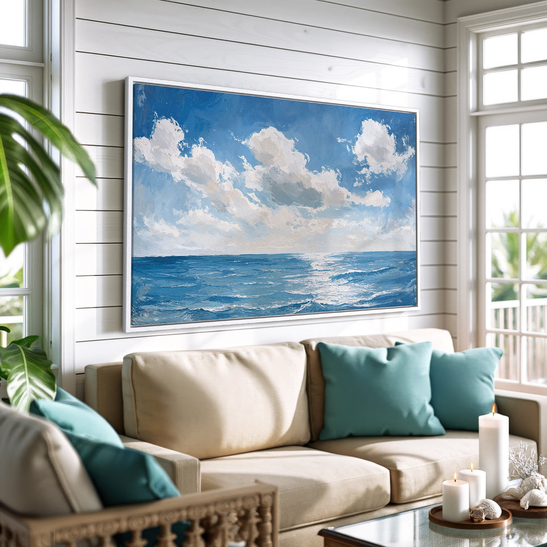 Framed Wall Art: Ocean landscape Canvas Print in blue and white, coastal style. Perfect for adding a serene touch to your home decor.
