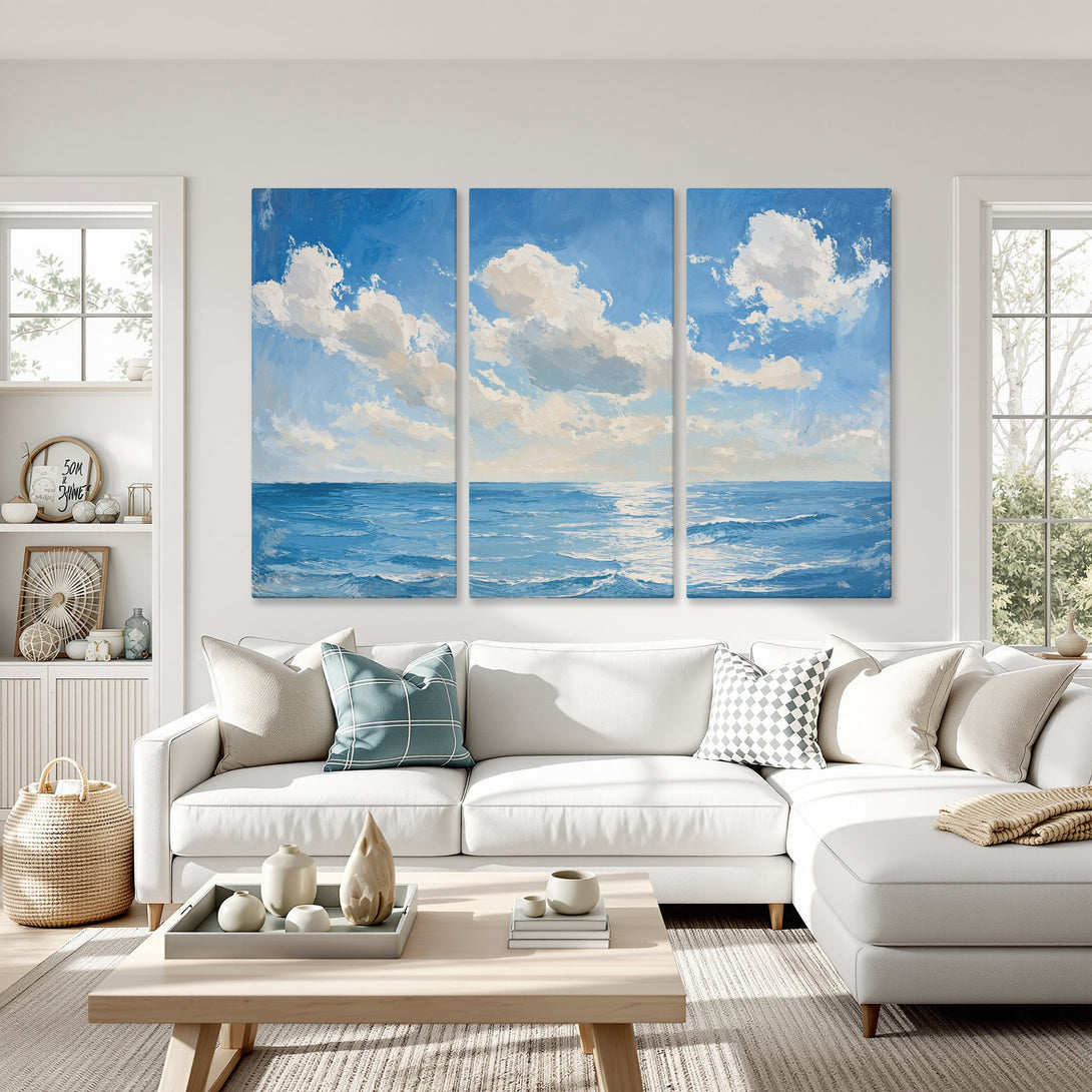 Canvas Print of ocean landscape art in blue and white tones, perfect for coastal decor and adding a touch of serenity to your living room.