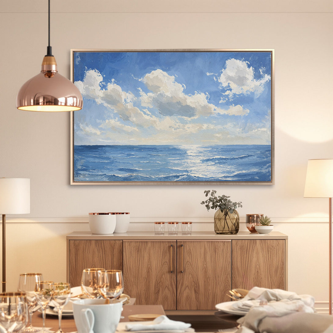 Framed Wall Art: Serene ocean landscape Canvas Print in blue and white, perfect for coastal decor. Enhance your home with calming art!
