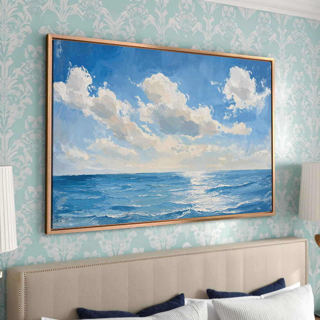 Framed Wall Art: Coastal seascape Canvas Print with blue and white palette, perfect for adding a touch of serenity to your home decor.