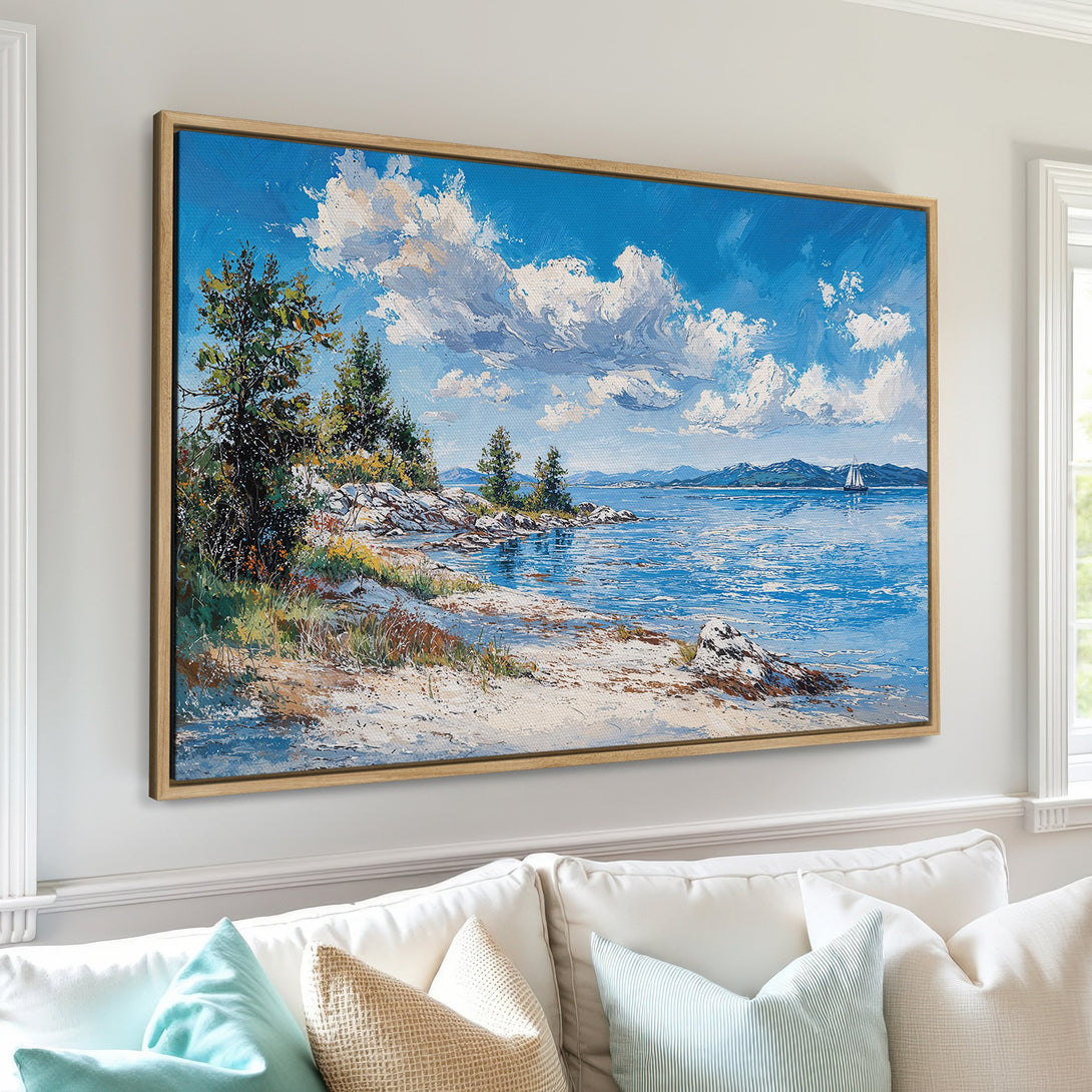 Framed Wall Art: Coastal landscape Canvas Print in blue & white. Impressionist style painting of a serene seascape, perfect for adding calming vibes to your home.