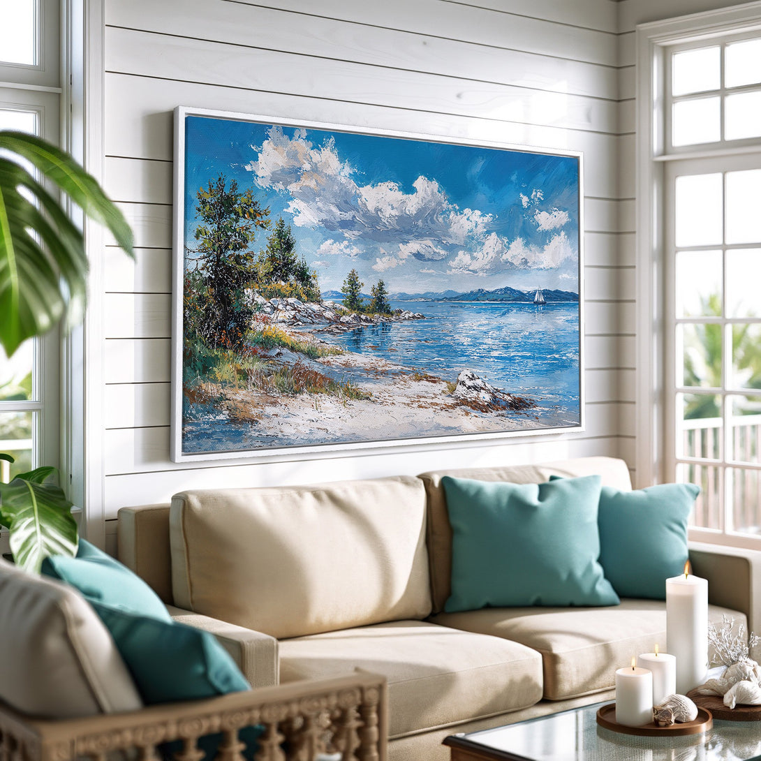 Framed Wall Art: Coastal landscape canvas print with blue, white, and green hues. Perfect for adding a touch of serenity to your home decor.