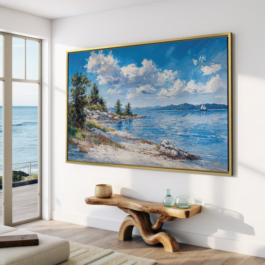 Canvas Print of a serene seascape painting in blue and white, displayed in a modern interior. Coastal wall art for a calming home.