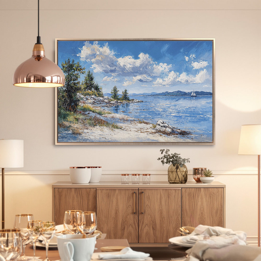 Framed Wall Art: Coastal landscape canvas print in blue and white hues. Adds a touch of serenity and style to any space. Shop now!