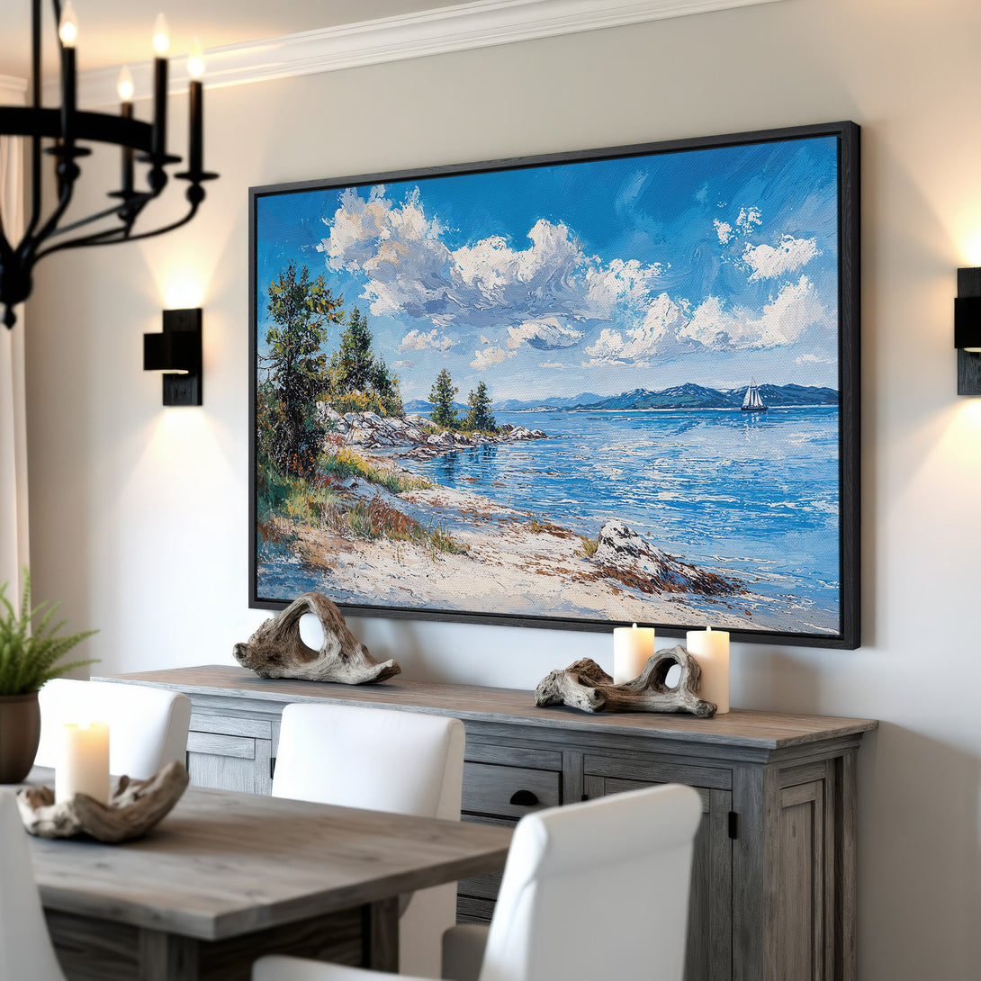 Framed Wall Art: Coastal landscape Canvas Print in blue and white. Adds a touch of serenity to any room! Shop our art collection today.