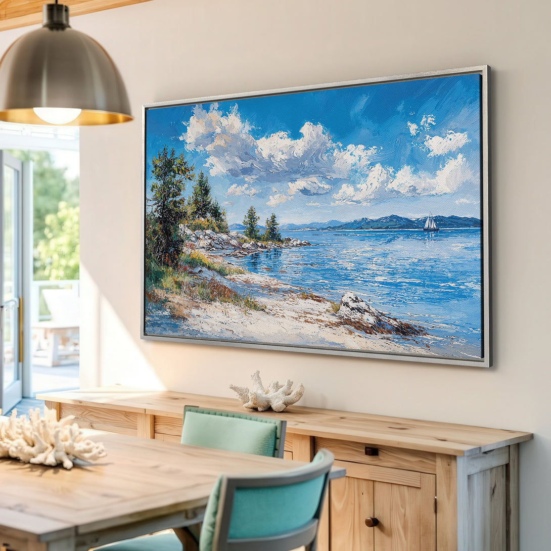 Framed Wall Art: Coastal landscape Canvas Print with blue, white, and green hues. Perfect for adding a touch of serenity to your home decor.