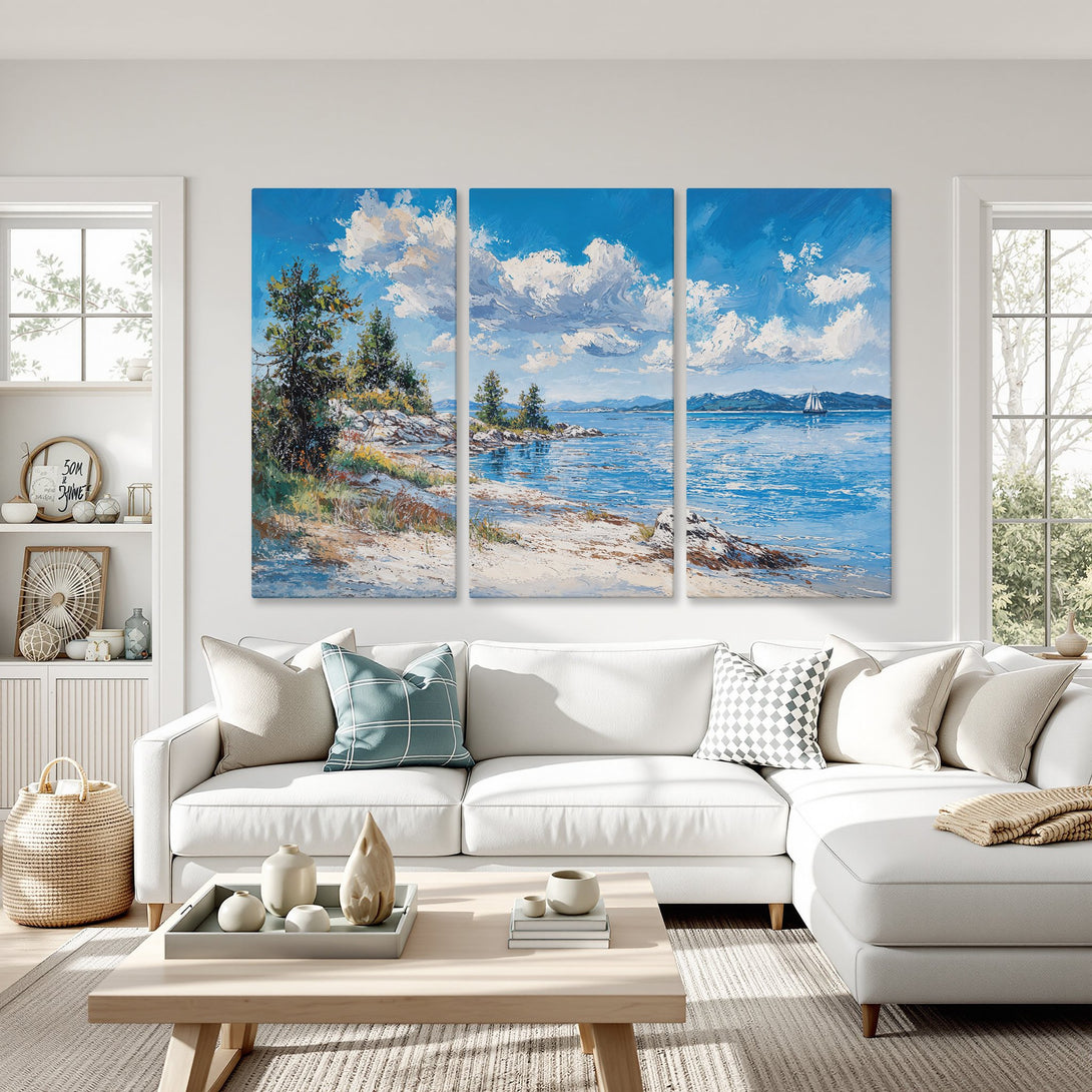 Canvas Print of a coastal landscape painting in blue, white, and green hues. Modern art adds a serene touch to any interior.