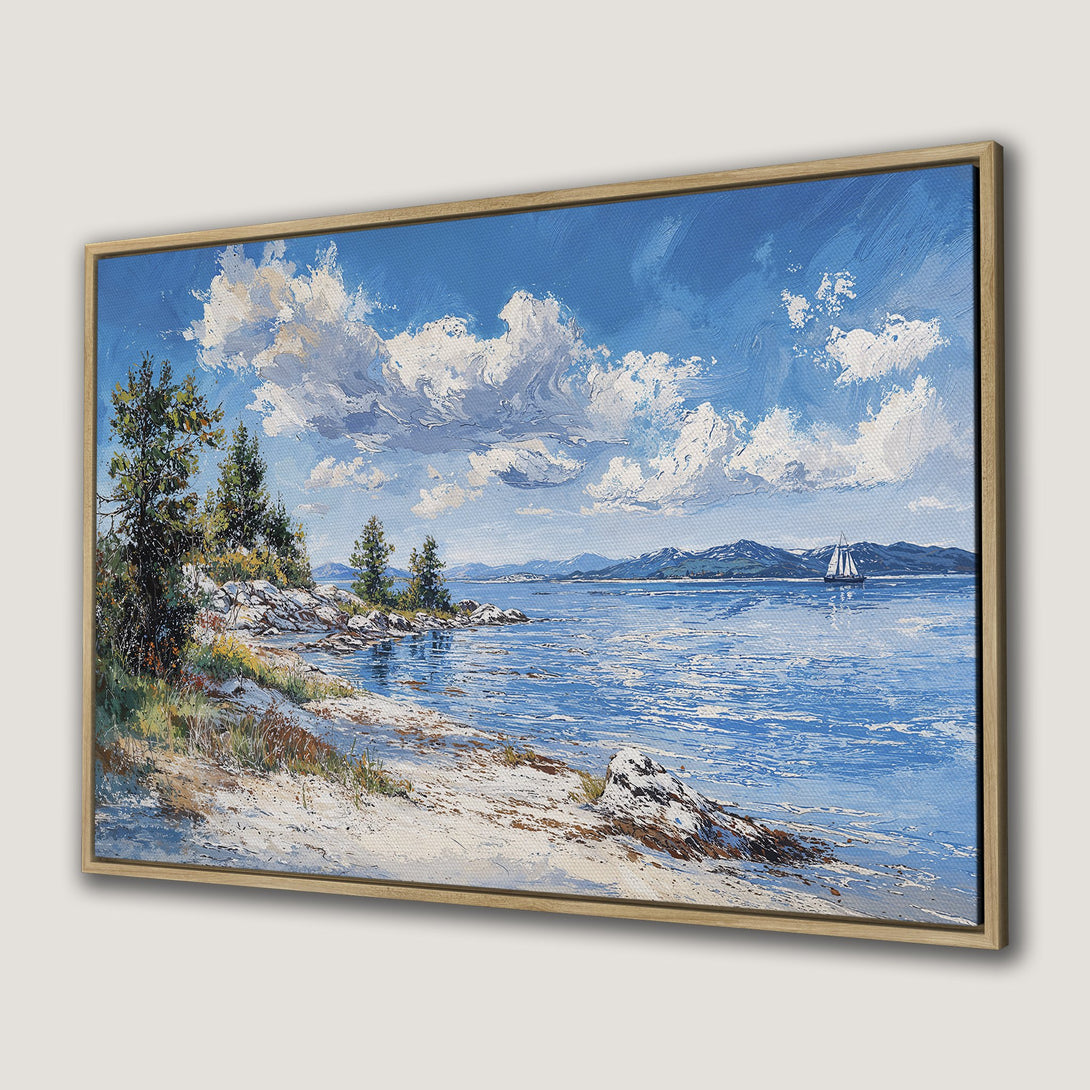 Framed Wall Art: Coastal landscape Canvas Print with blue, white, and green hues. Impressionistic style painting of a serene lake scene with a sailboat.