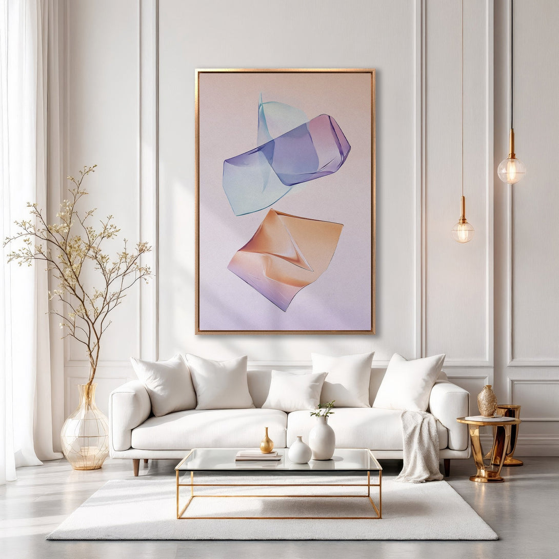 Framed Wall Art: Abstract art print with pastel colors. Modern Canvas Print in a bright living room. Shop art for your home decor.