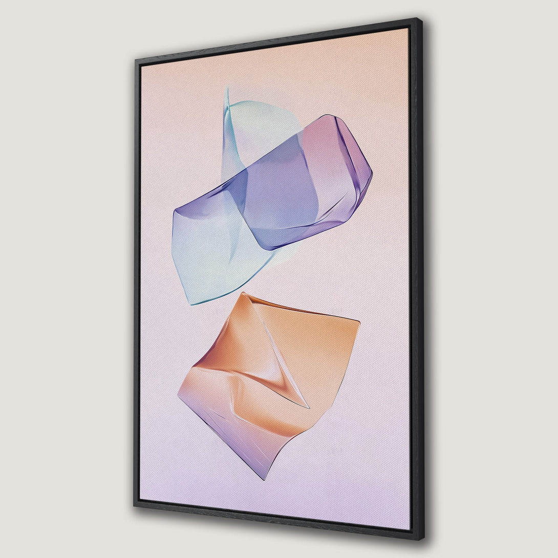 Framed Wall Art featuring abstract shapes in pastel hues of purple, orange, and blue. Modern art canvas print for a stylish home.