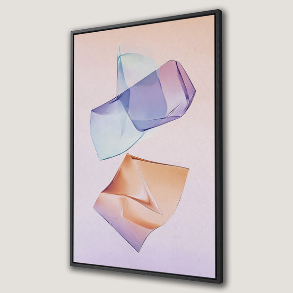 Framed Wall Art featuring abstract shapes in pastel hues of purple, orange, and blue. Modern art canvas print for a stylish home.
