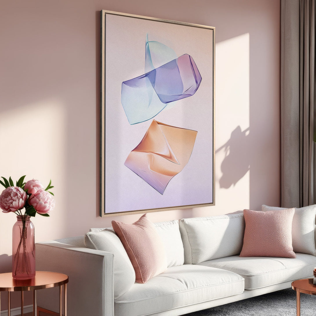 Framed Wall Art featuring abstract geometric shapes in pastel blue, purple, and orange hues. Modern art canvas print perfect for adding a pop of color to any room.