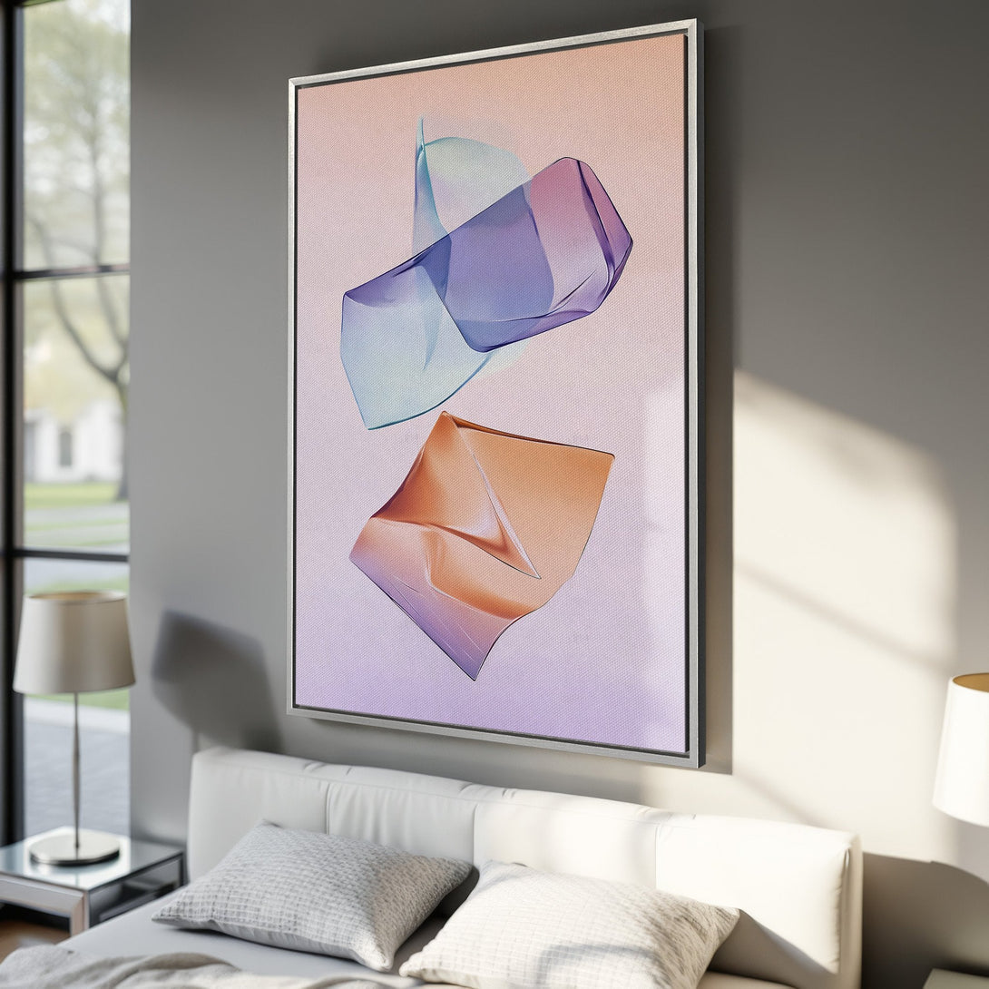 Framed Wall Art featuring abstract shapes in a pastel color palette. Modern art Canvas Print perfect for bedroom decor.