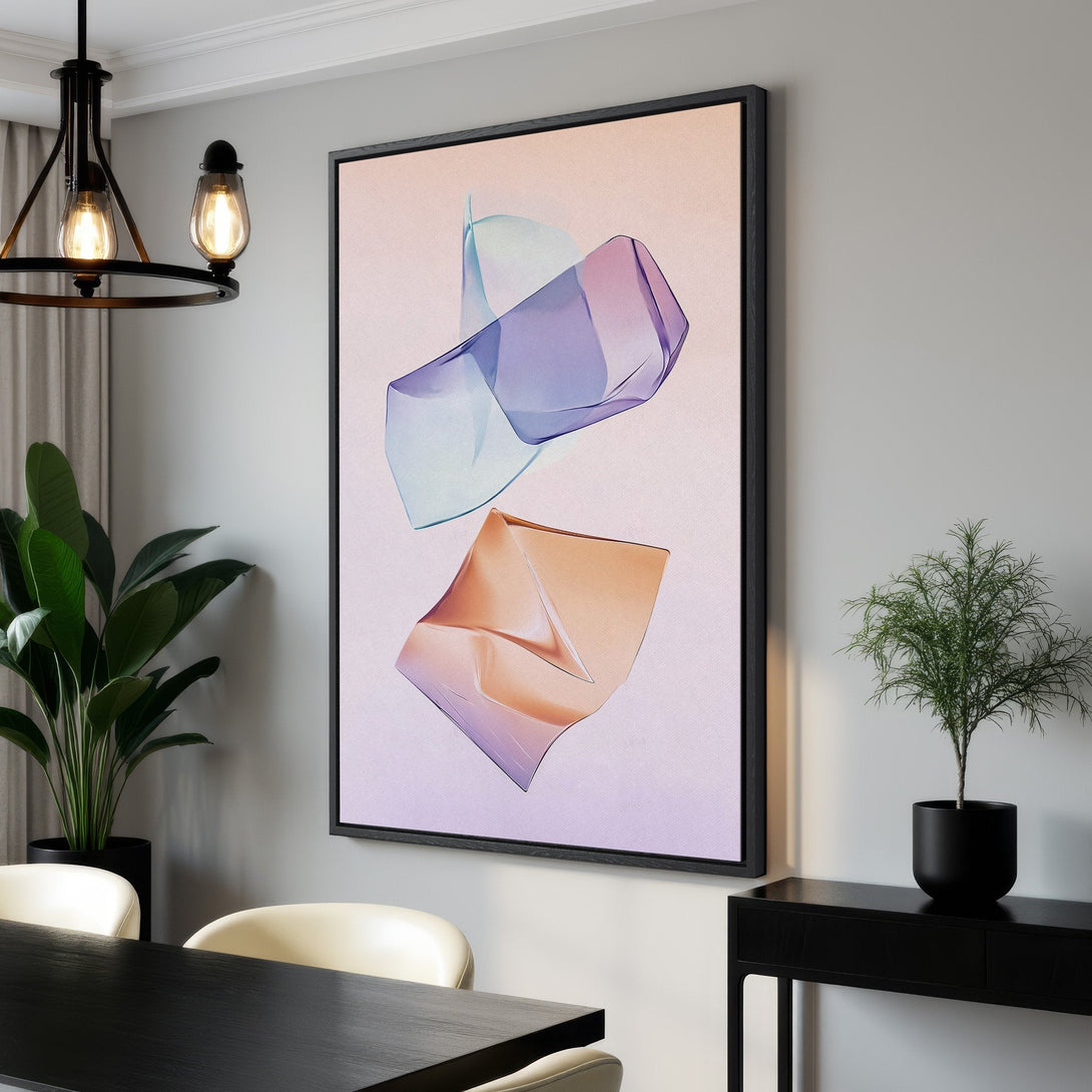 Framed Wall Art featuring abstract geometric shapes in pastel hues. Modern canvas print adds a touch of elegance to any interior.