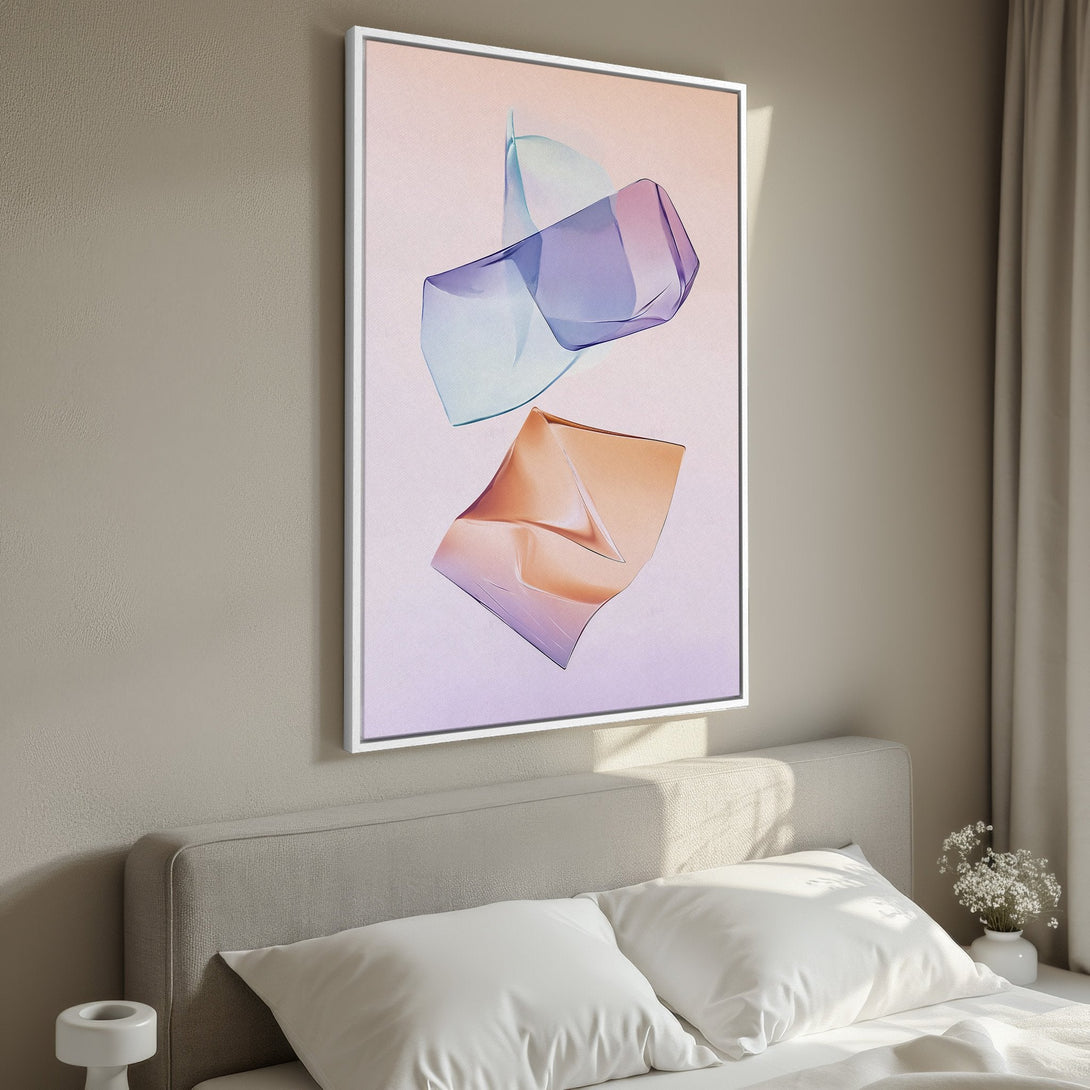 Framed Wall Art featuring abstract geometric shapes in pastel blue, purple, and orange hues. Modern art for bedroom decor.