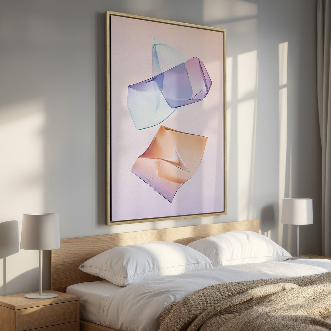 Framed Wall Art: Abstract art print with flowing shapes in pastel blue, purple, and peach tones. Modern art for bedroom decor.