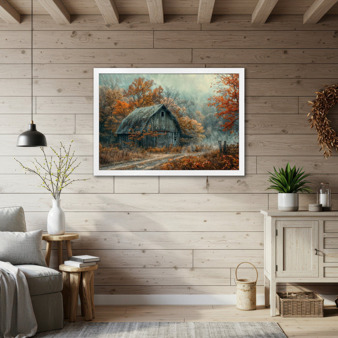 Framed Poster of a rustic barn in autumn. Warm color palette with orange, brown, and green tones. Perfect for farmhouse decor.