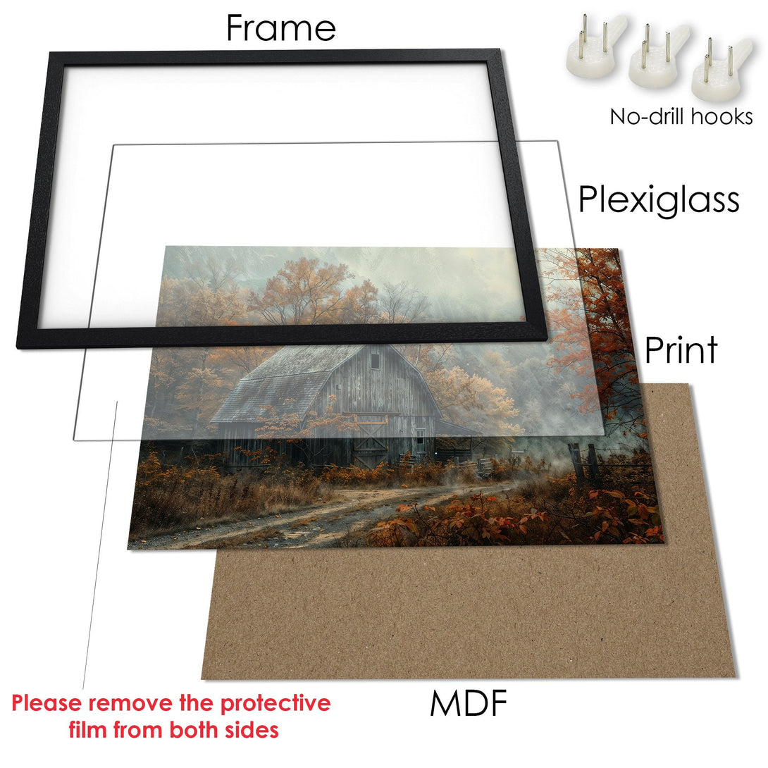 Framed Poster of a rustic barn in autumn colors. Warm, earthy tones create a cozy, inviting aesthetic. Perfect wall art!
