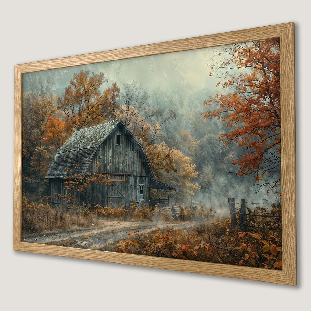 Framed Poster of a rustic barn in autumn colors. Warm, inviting landscape art for your home.