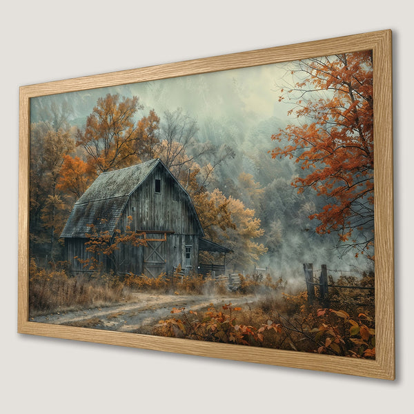 Framed Poster of a rustic barn in autumn colors. Warm, inviting landscape art for your home.