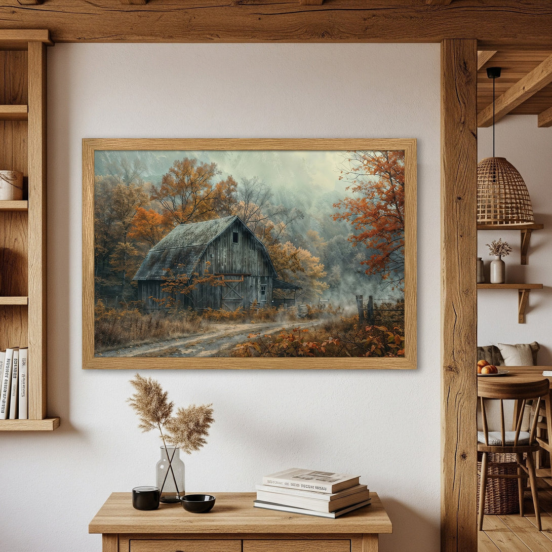 Framed Poster of a rustic barn in a misty forest. Warm autumnal color palette. Perfect for home decor.