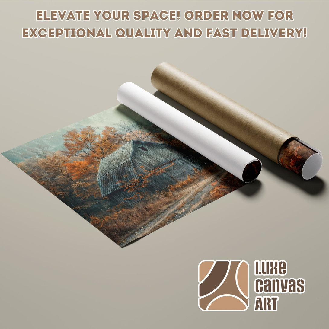 Poster Roll featuring a rustic barn scene in autumn colors. Perfect wall art for your home!