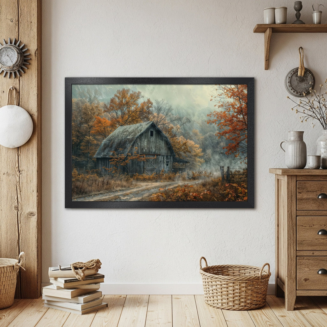 Framed Poster of a rustic barn in autumn, featuring warm orange and brown tones. Perfect for farmhouse decor.