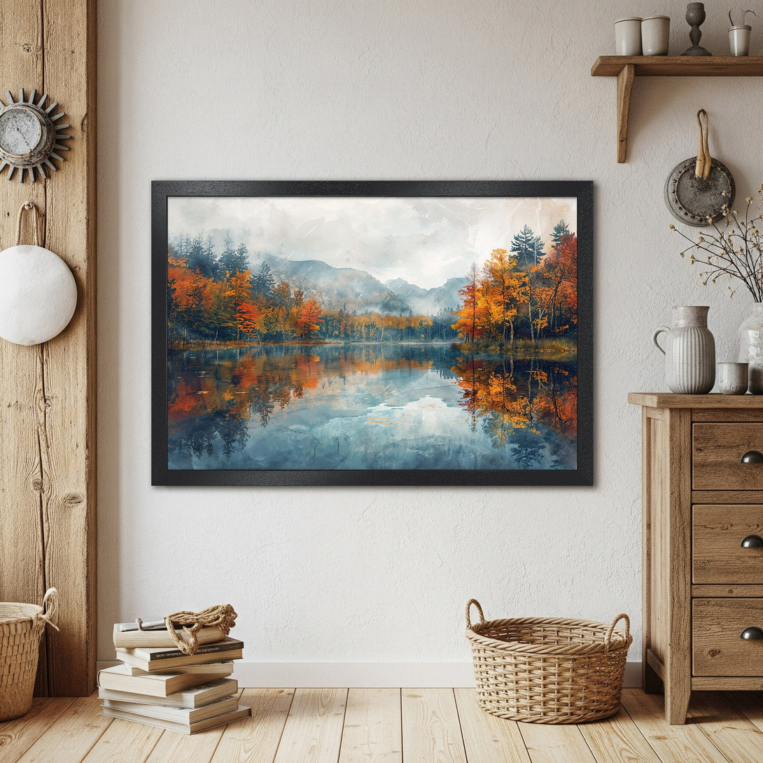 Framed Poster of autumn lake scene. Watercolor style with orange, blue, and green hues. Perfect wall art for home decor.