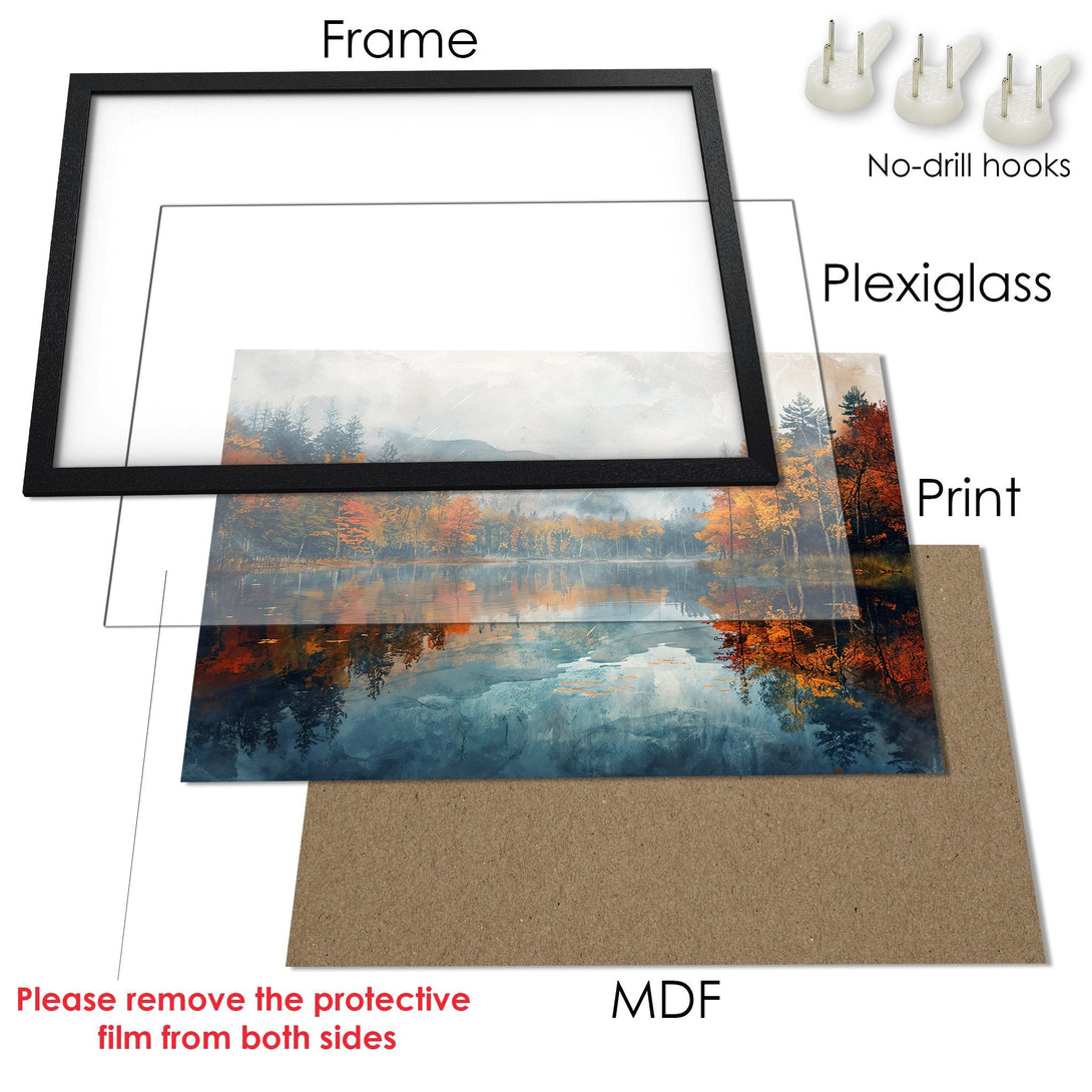 Framed Poster featuring a serene landscape with autumn colors. A beautiful art print with a black frame, showcasing a moody, blue and orange color palette.