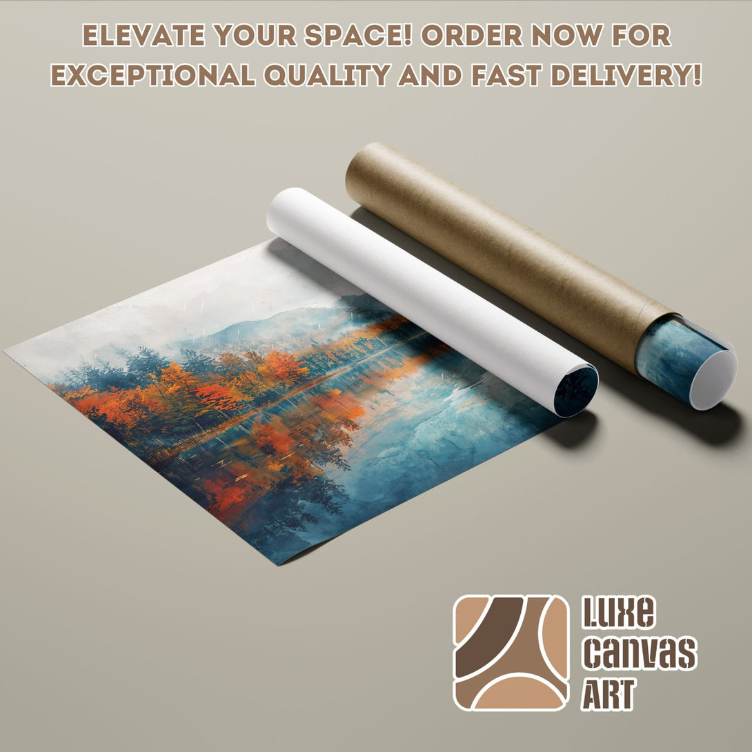 Poster Roll featuring a landscape painting with orange and blue tones. Elevate your space with Luxe Canvas Art!