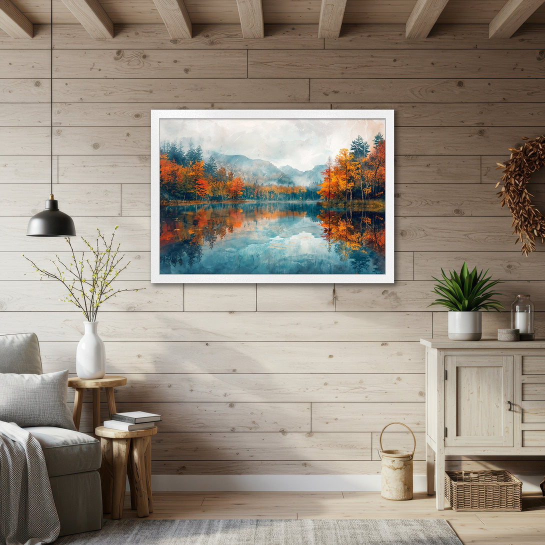 Framed Poster of a serene lake scene with fall foliage. Watercolor style, warm orange and blue color palette. Perfect wall art!