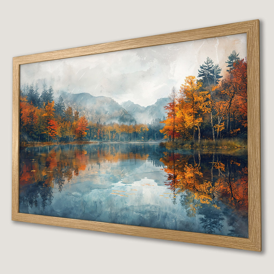 Framed Poster: Autumn landscape art print. Watercolor style with vibrant orange, yellow, and blue color palette. Perfect wall decor.