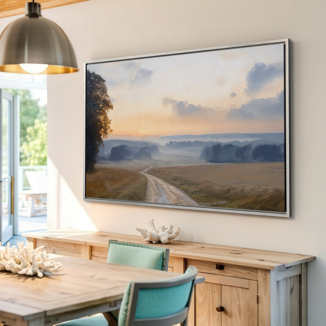 Framed Wall Art featuring a landscape painting in a neutral color palette. Rustic style canvas print adds warmth to any interior.