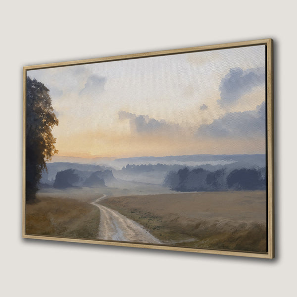 Framed Wall Art: Serene landscape Canvas Print featuring a misty road, warm sunset hues, and natural earth tones. Perfect for adding tranquil art to your home.