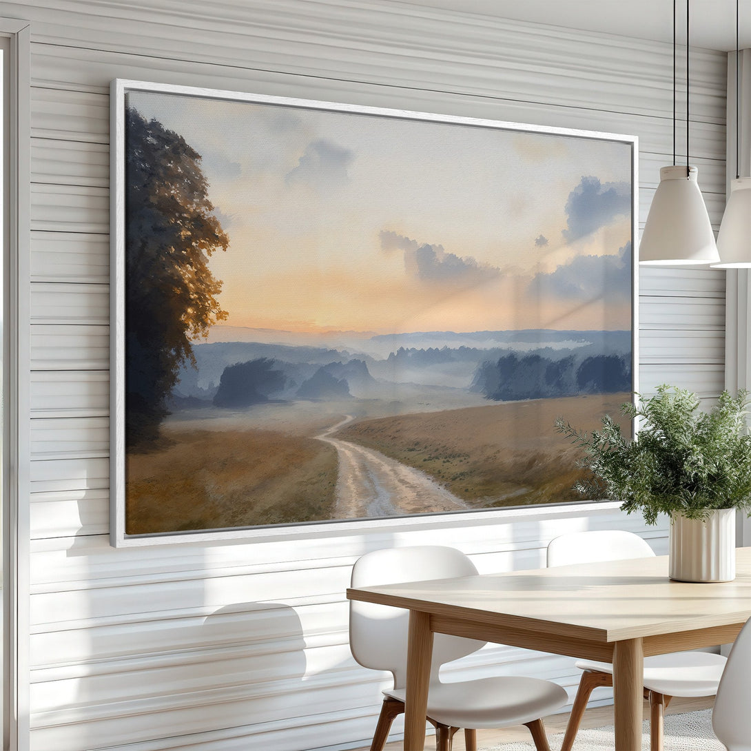 Framed Wall Art: Landscape Canvas Print with a serene, impressionistic style in warm, earthy tones and soft blues. Perfect for home decor.