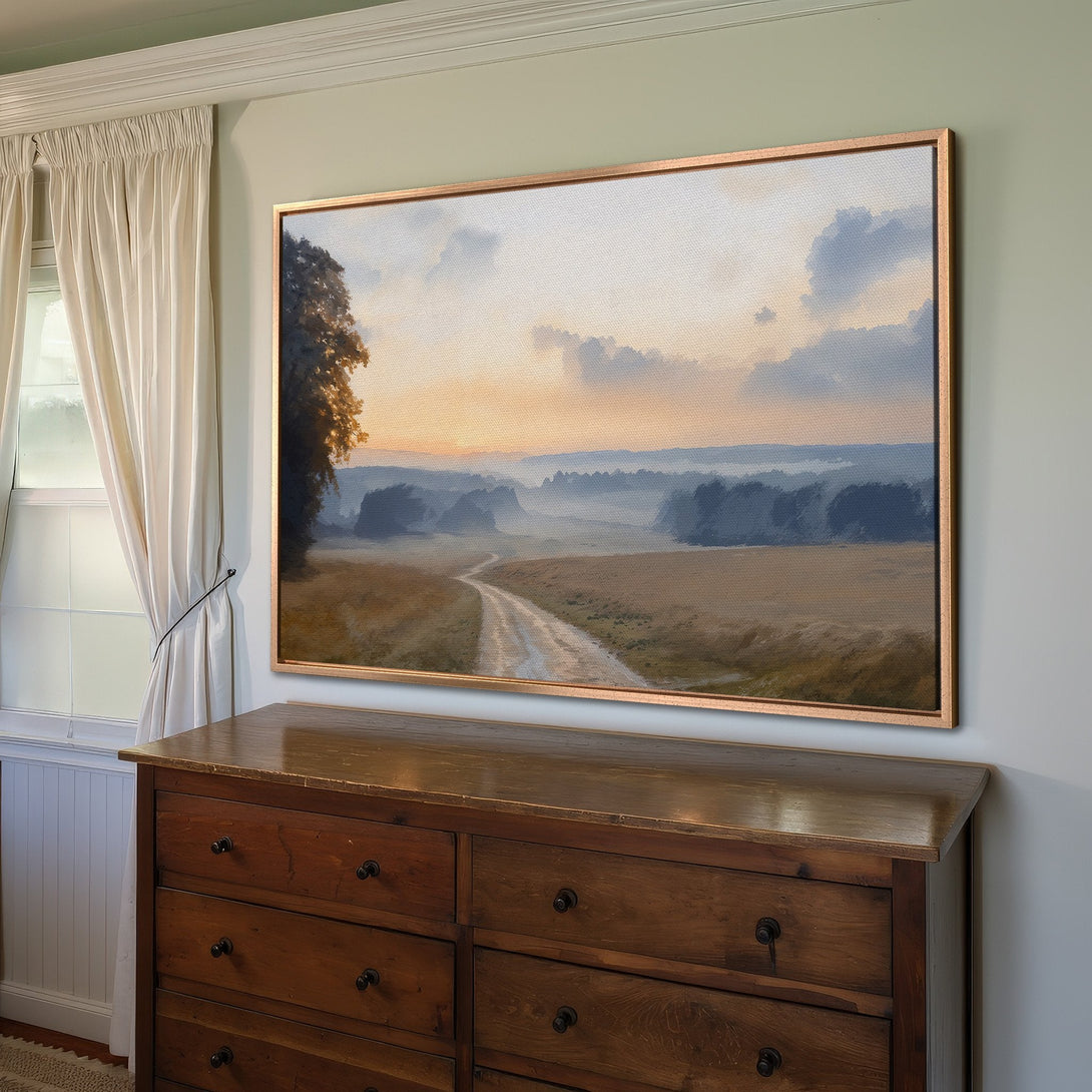 Framed Wall Art: Landscape Canvas Print in warm tones. Rustic art featuring a serene countryside scene with a sunset palette. Perfect for home decor.