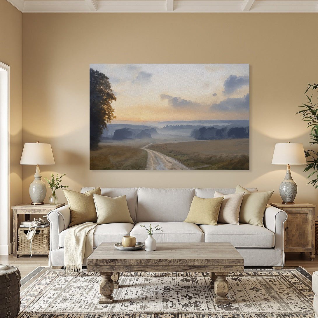 Framed Wall Art: Landscape Canvas Print with warm, earthy tones. Serene countryside scene in a gold frame, perfect for adding a touch of nature to your home.