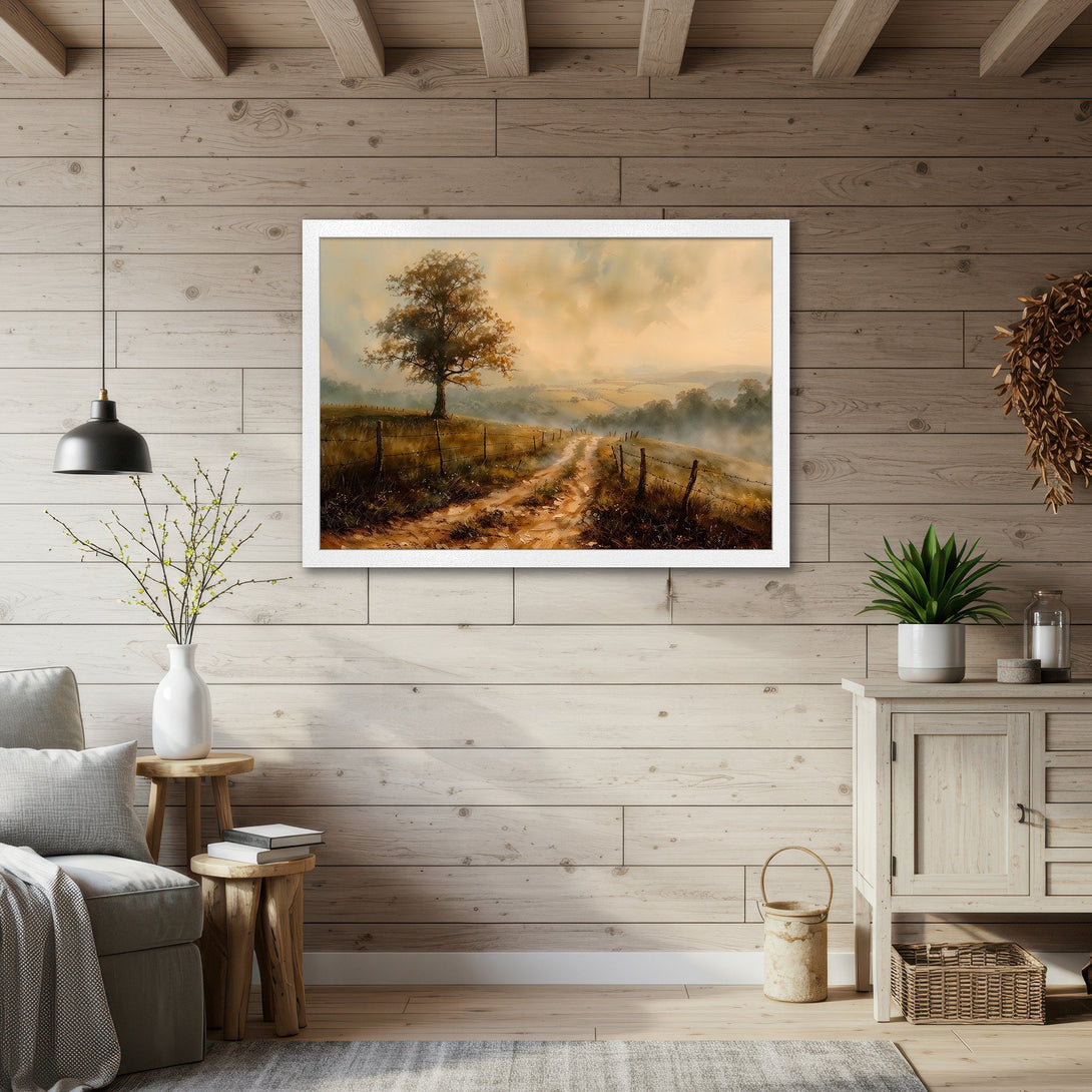 Framed Poster of a scenic landscape with a dirt road, tree, and warm color palette. Perfect wall art to elevate any space.